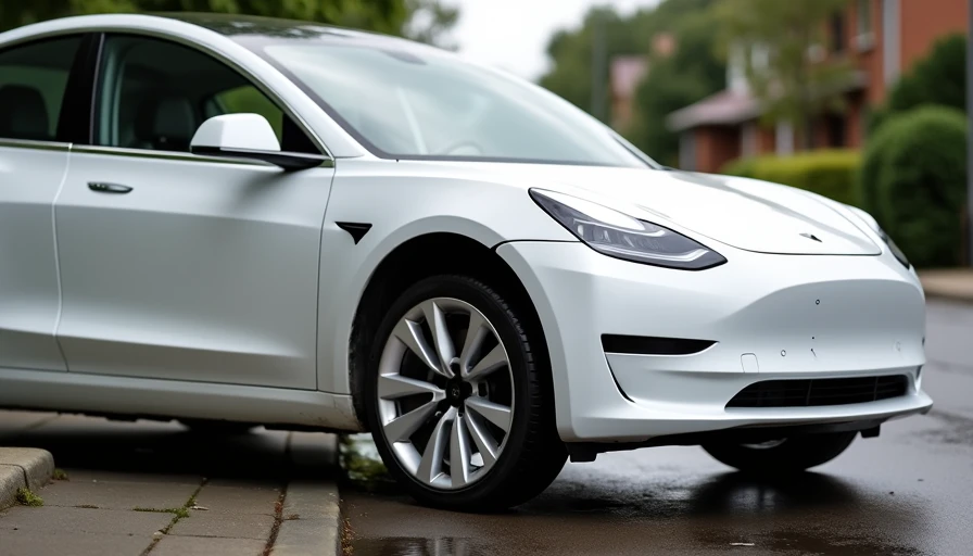 Tesla Model 3 driver side with two damaged doors and cracked front left wheel