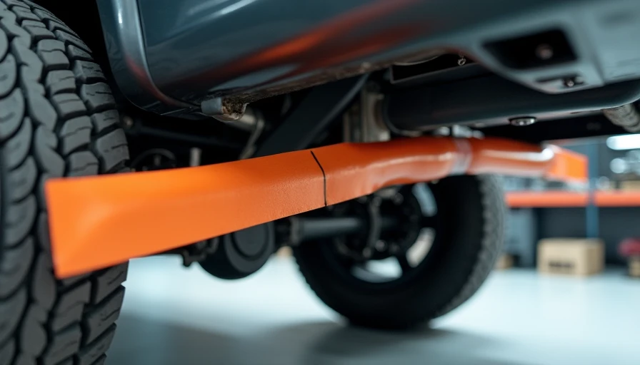 Ford F-150 rear frame rail with orange tape marking 14 inch cut line bent end visible