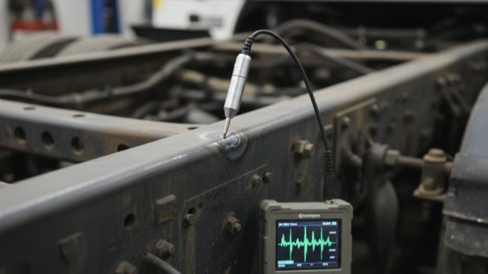 Ultrasonic testing probe against frame rail weld with waveform on screen weld looks clean to naked eye