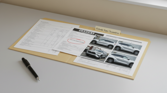 Manila folder open with repair invoice Carfax structural damage circled damage photos and frame sheet