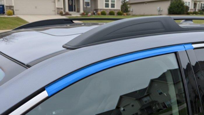 Tape Test Proves the Whistle Comes From This Exact Spot Subaru Outback driver door top corner sealed with blue painter's tape noise stopped during test