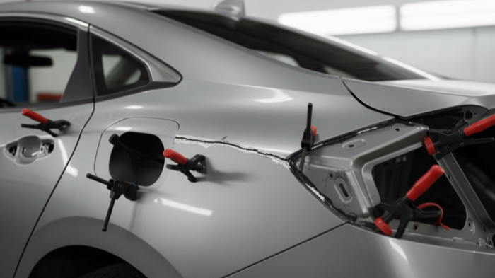 Honda Civic quarter panel cut line through compound curve gas cap door misaligned 2mm
