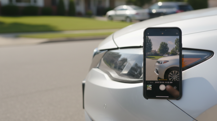 Car front bumper clean no damage with smartphone showing date stamp one week before accident
