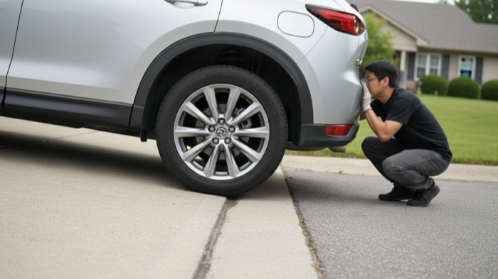 Mazda CX-5 backing out of driveway with right rear wheel in dip and gloved hand near wheel well listening