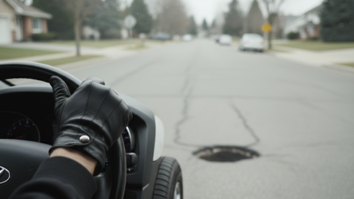 View from Hyundai Santa Fe driver seat hand gripping steering wheel tightly approaching pothole