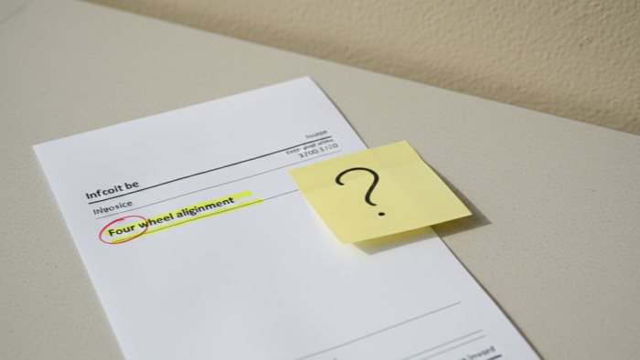 Without the Sheet Alignment Is Just a Word Repair invoice with four wheel alignment highlighted and empty space where printout should be with question mark