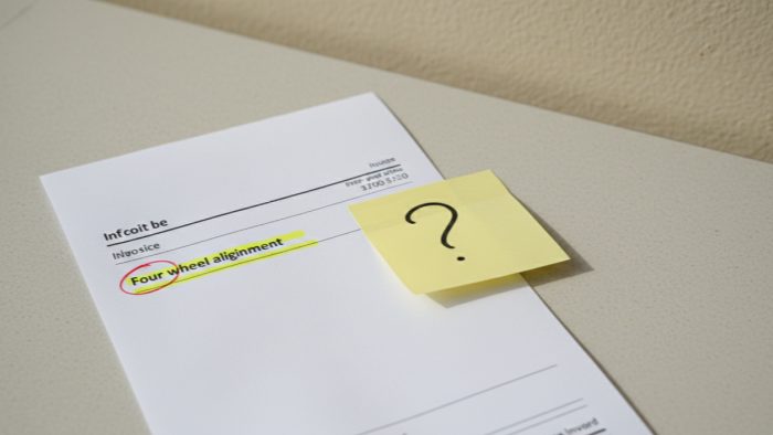 Repair invoice with four wheel alignment highlighted and empty space where printout should be with question mark
